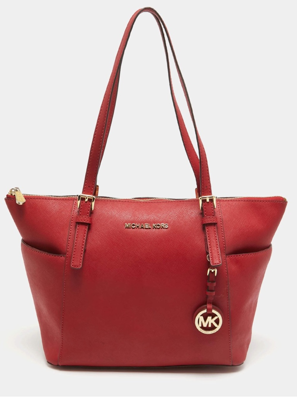 Michael Kors Red Saffiano Tote with Gold-Tone MK Charm